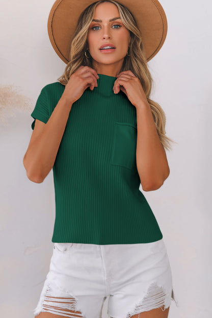 Solid Ribbed Knit Patch Pocket Short Sleeve Sweater