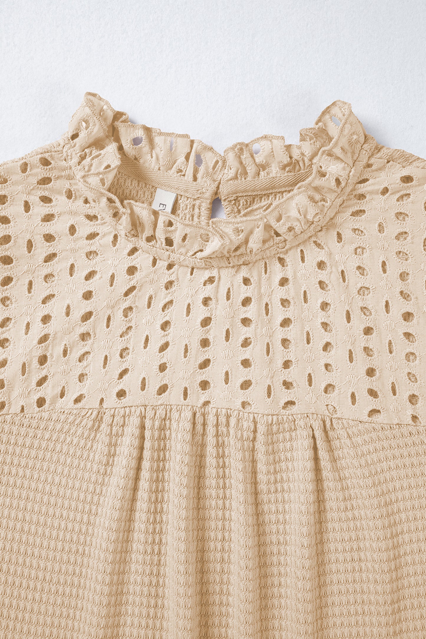 Eyelet Embroidered Patchwork Textured Ruffle Neck Blouse