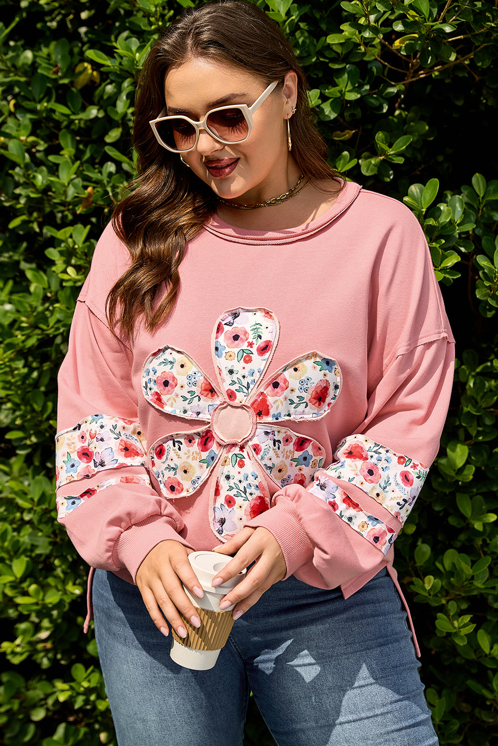 Plus Size Floral Applique Drop Shoulder Sweatshirt