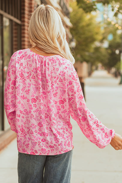 Floral Puff Sleeve Split Neck Lightweight Blouse
