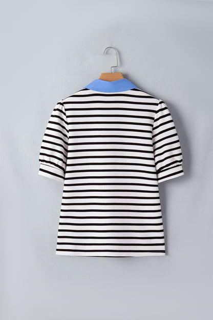 Stripe Colorblock Puff Sleeve Polo Collar Blouse