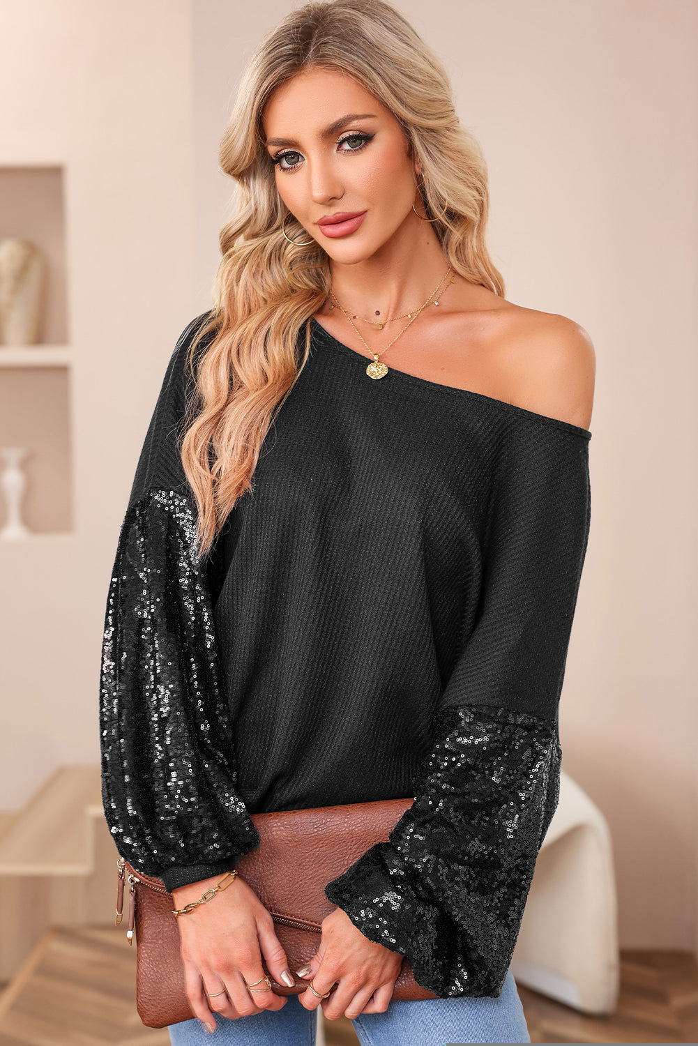 Sequin Patchwork Sleeve Open Back Top