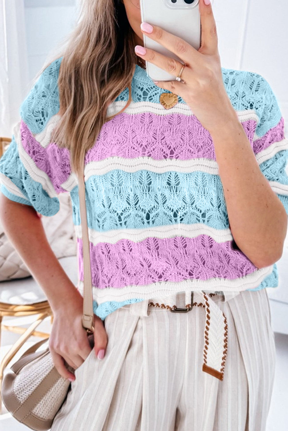 Stripe Colorblock Crochet Sweater