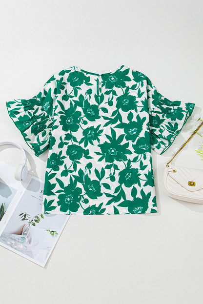 Floral Ruffle Short Sleeve Round Neck Blouse