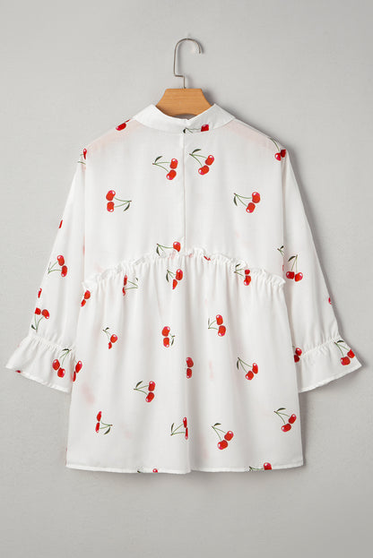 Cherry Frilled Collar 3/4 Sleeve Babydoll Blouse