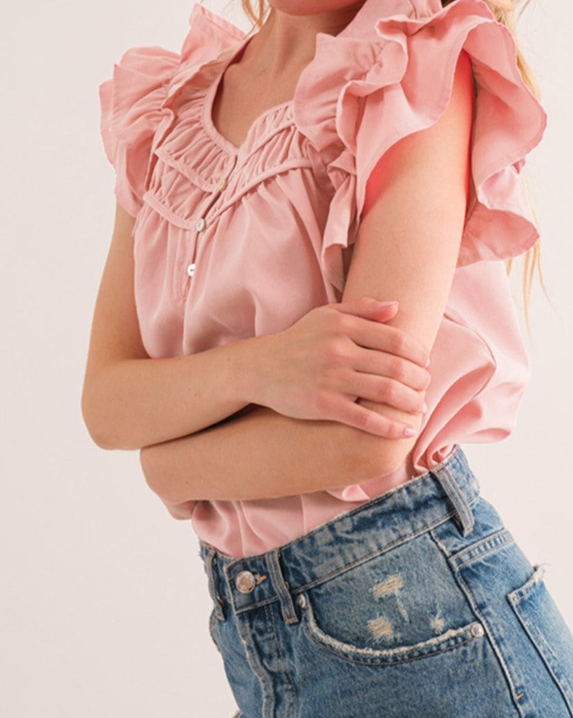 Shirred Ruffle Sleeve Buttoned Blouse