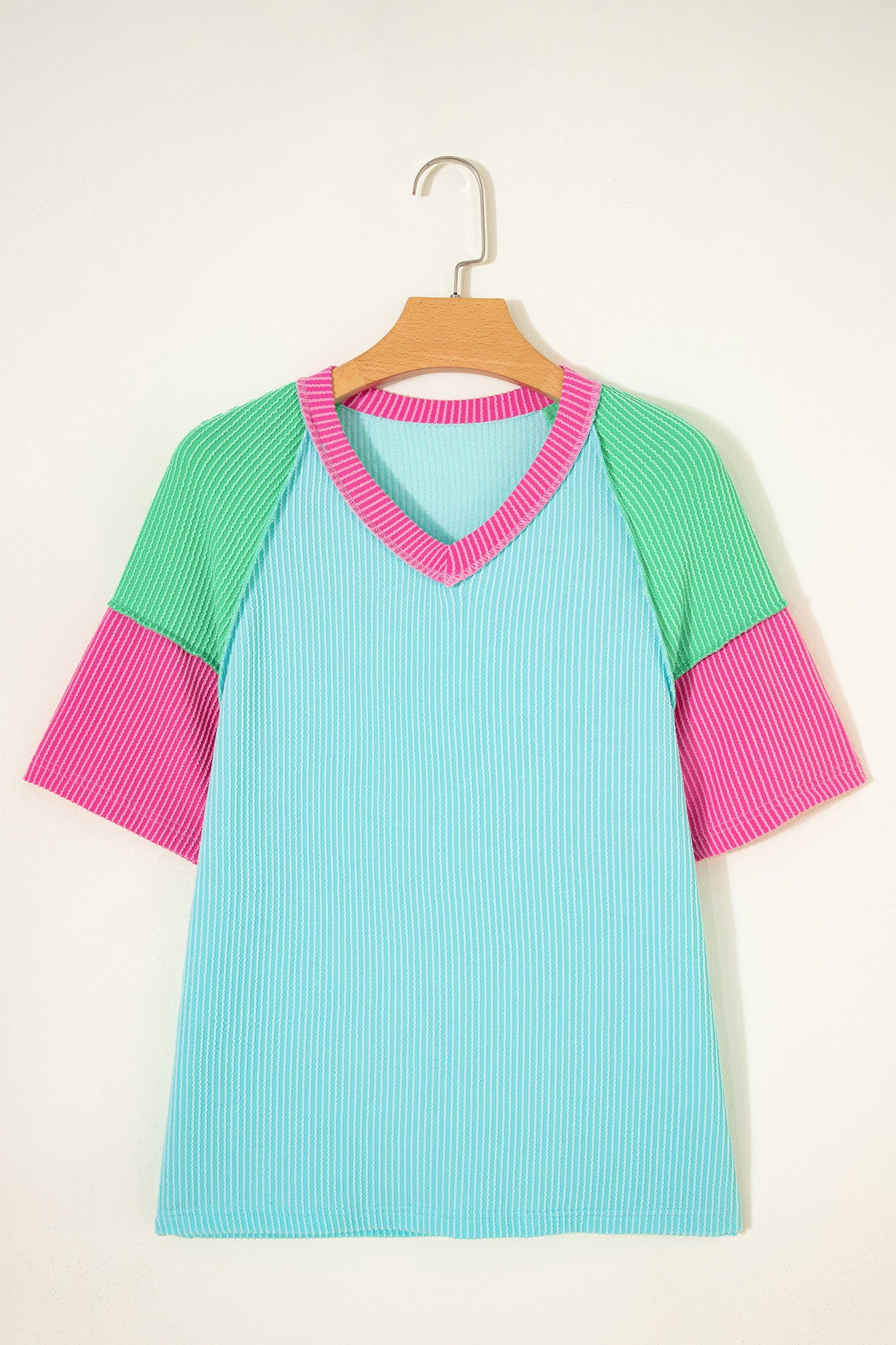 Colorblock Corded Knit Raglan Short Sleeve Tee
