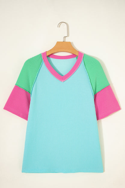 Colorblock Corded Knit Raglan Short Sleeve Tee