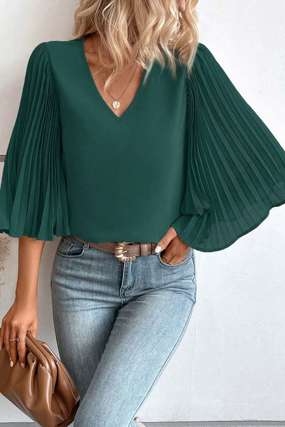 Pleated 3/4 Bell Sleeve Blouse