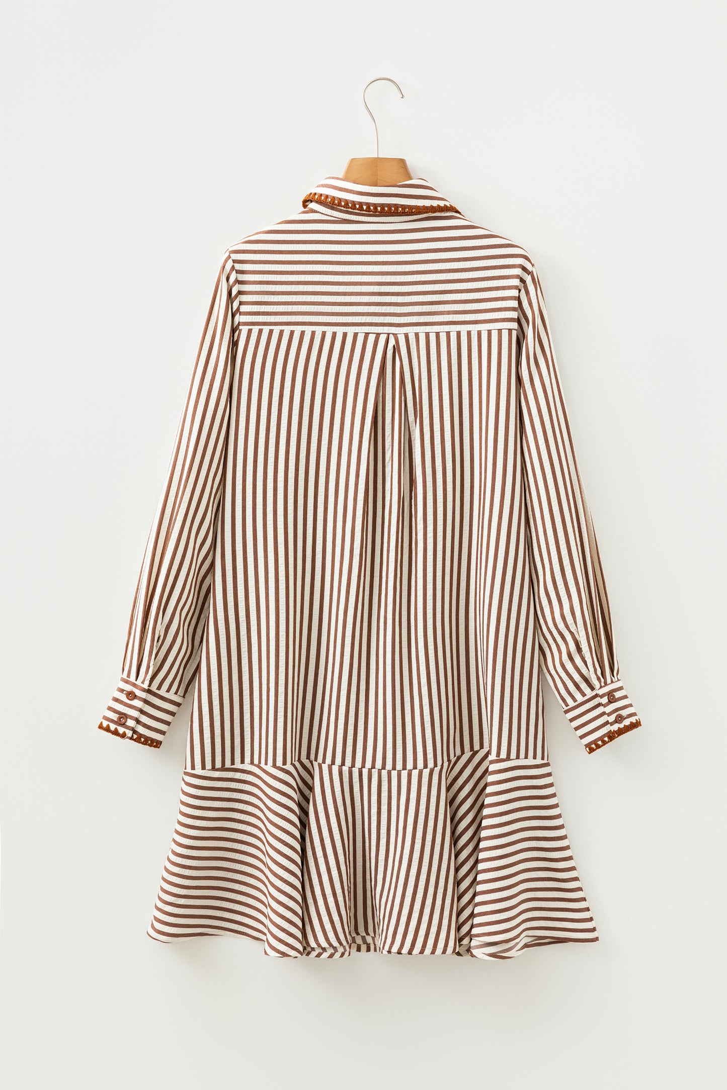 Stripe Embroidered Trim Ruffle Hem Collared Dress