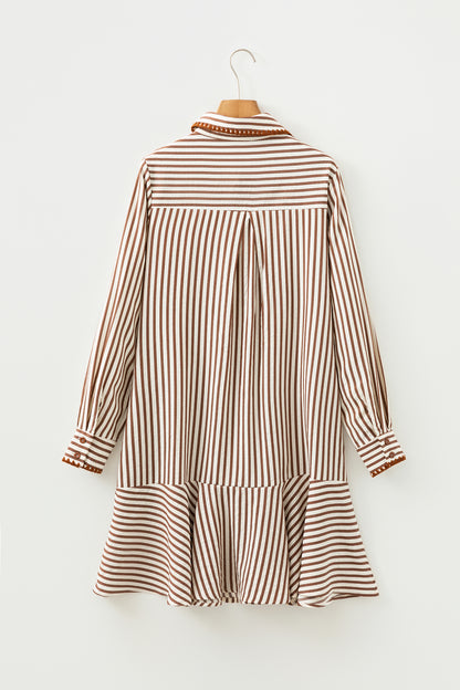 Stripe Embroidered Trim Ruffle Hem Collared Dress