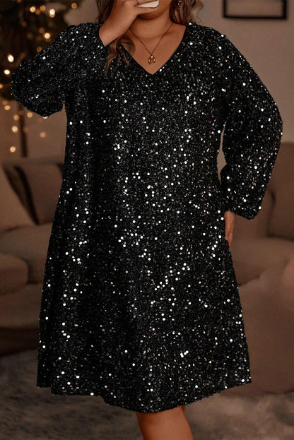 Plus Size Sequin Bubble Sleeve V-Neck Dress