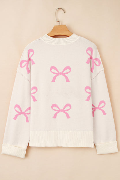 Bow Tie Ribbed Trim Drop Shoulder Sweater