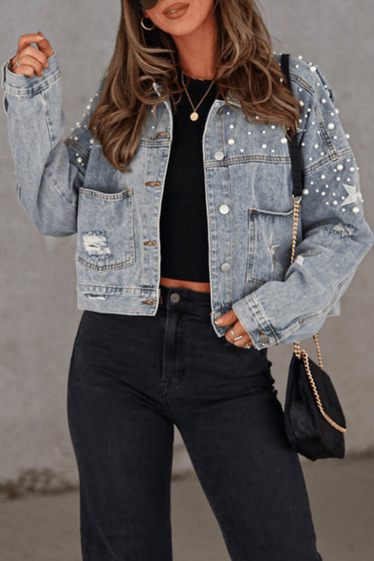 Denim Pearl Distressed Cropped Jacket