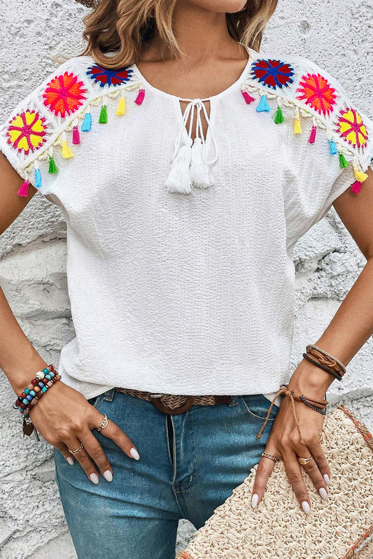 Floral Crochet Tassel Texture Blouse