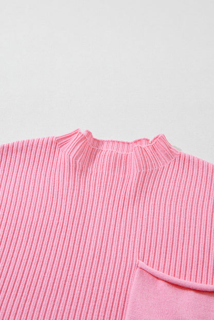 Solid Ribbed Knit Patch Pocket Short Sleeve Top