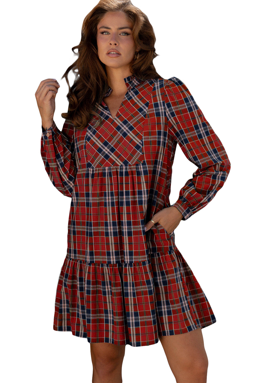 Plaid Frilled Collar Long Sleeve Mini Dress
