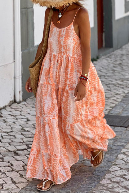 Abstract Backless Tiered Maxi Dress