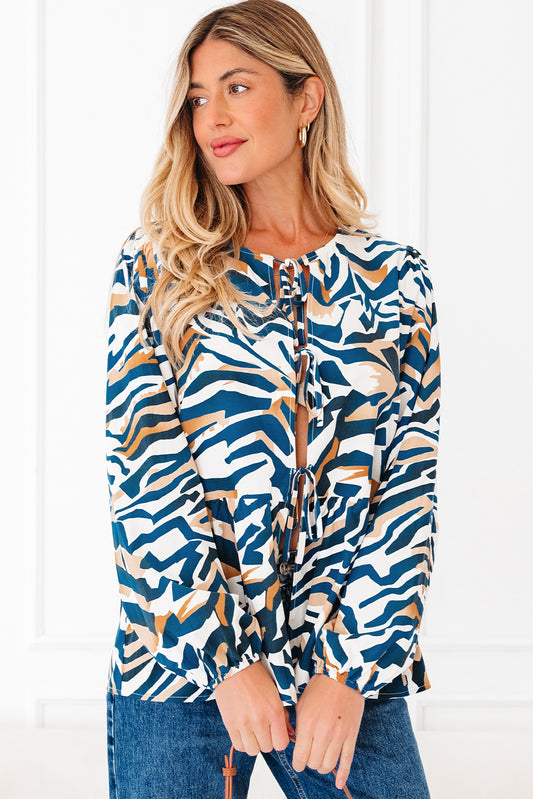 Zebra Tied Front Puff Sleeve Top