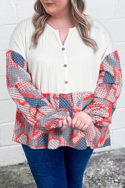 Plus Size Abstract Patchwork Buttoned Blouse