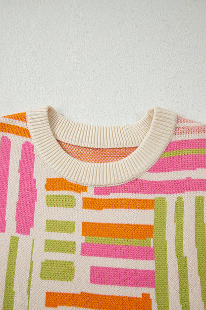 Geometric Stripe Crewneck Puff Sleeve Sweater