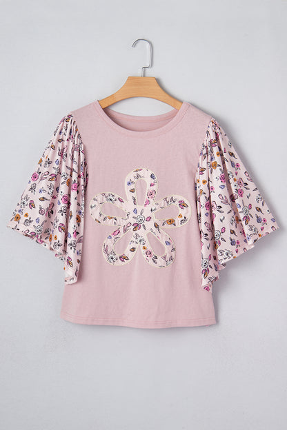 Floral Contrast Patchwork Flowy 3/4 Sleeve Blouse