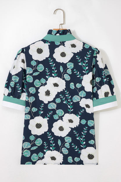 Floral Stripe Patchwork V-Neck Short Sleeve Blouse