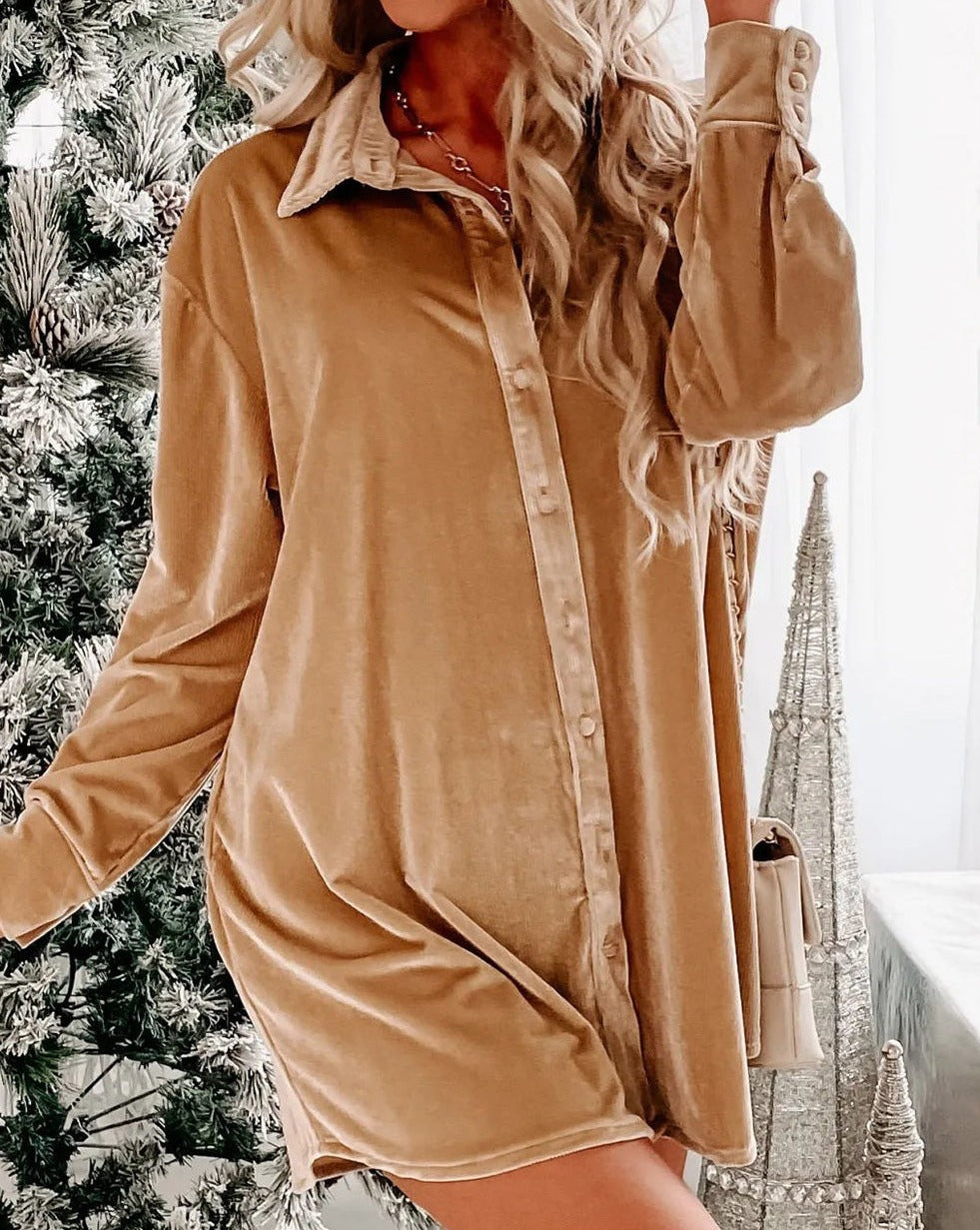 Velvet Long Sleeve Shirt Dress