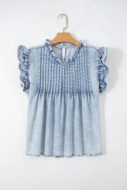 Vintage Washed Denim Pleated Ruffle Sleeve Top
