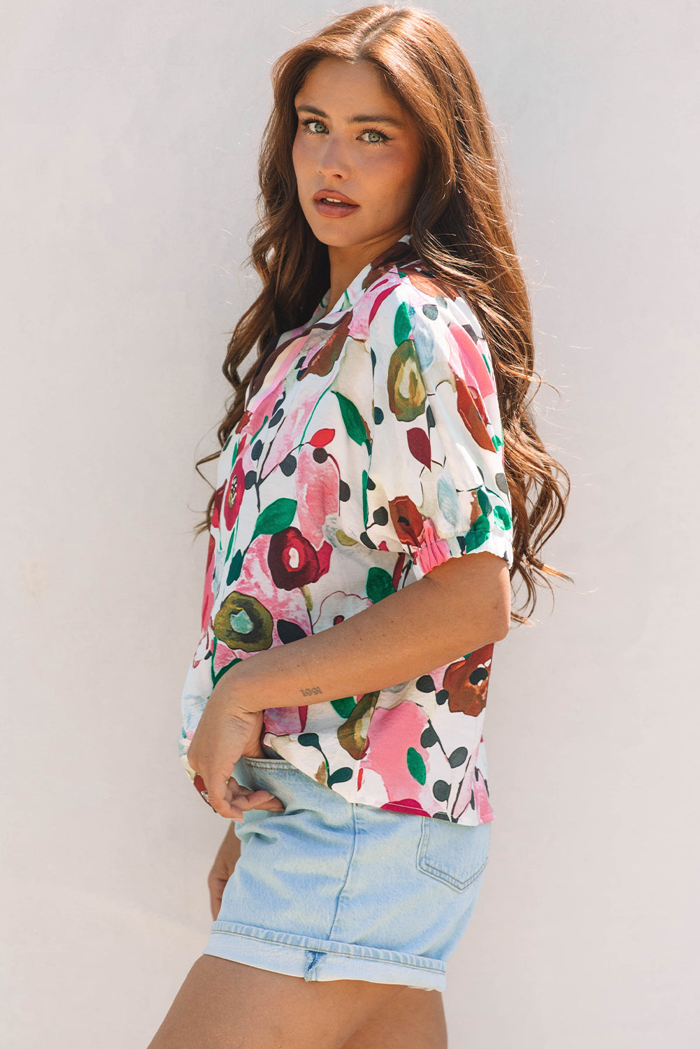 Floral Slit V-Neck Short Sleeve Blouse