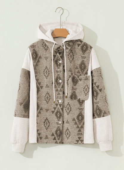 Western Aztec Colorblock Patchwork Drawstring Hooded Shacket