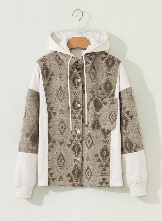Western Aztec Colorblock Patchwork Drawstring Hooded Shacket