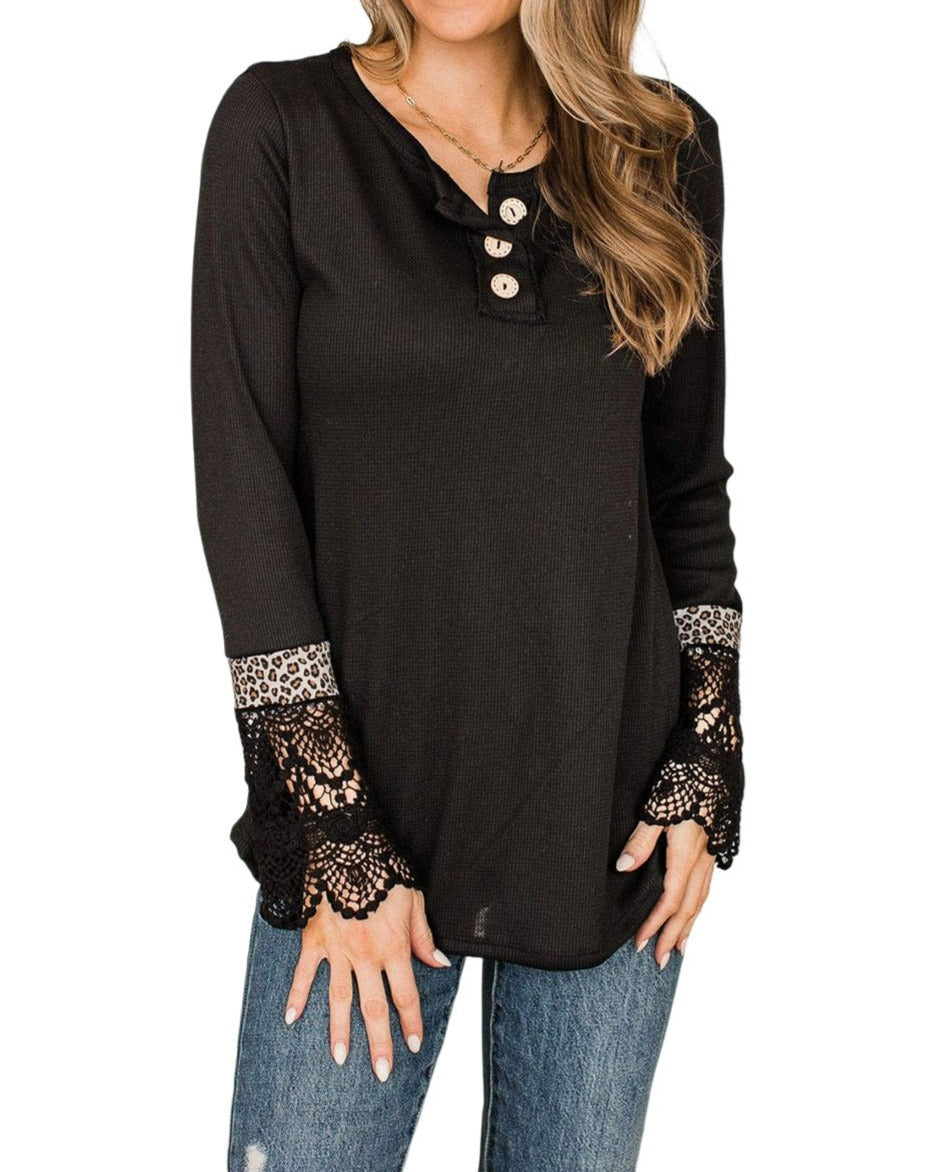 Leopard Lace Patchwork Henley Top