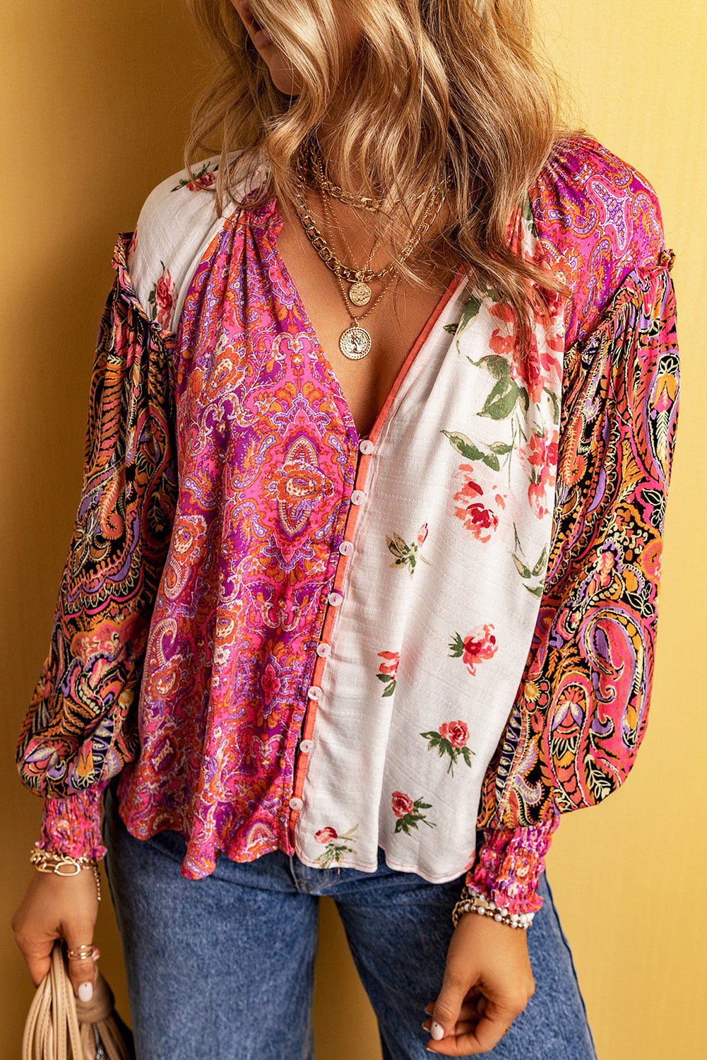 Floral Patchwork V-Neck Blouse