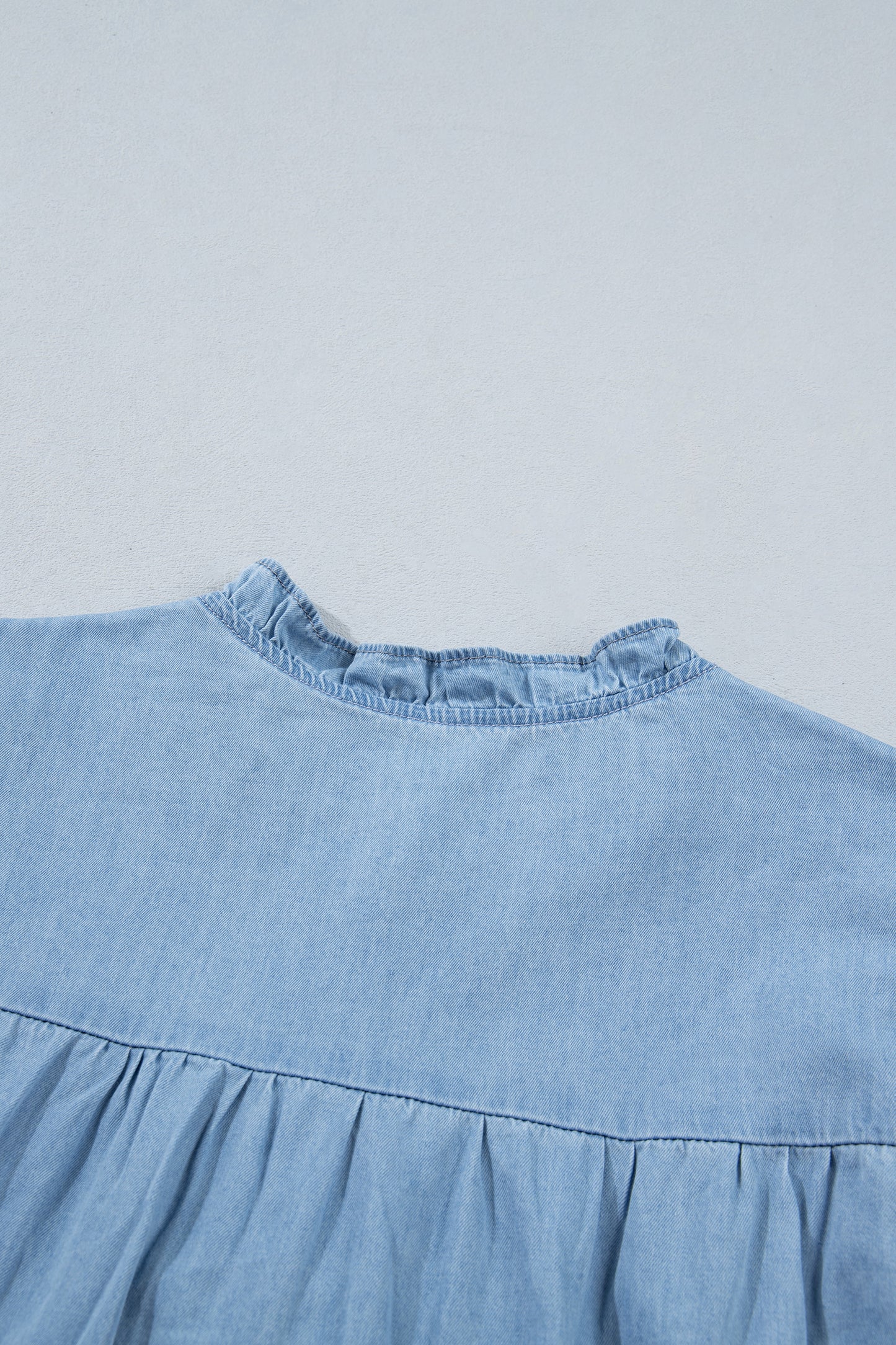 Western Denim Chambray Ruffle V-Neck Long Sleeve Blouse