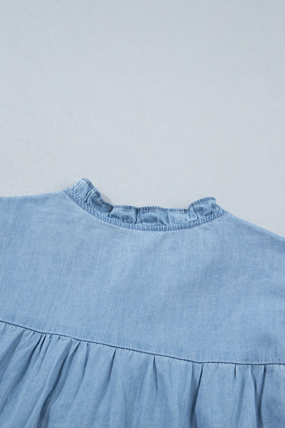 Western Denim Chambray Ruffle V-Neck Long Sleeve Blouse