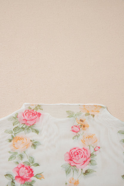 Floral Mesh Mock Neck Short Sleeve Top