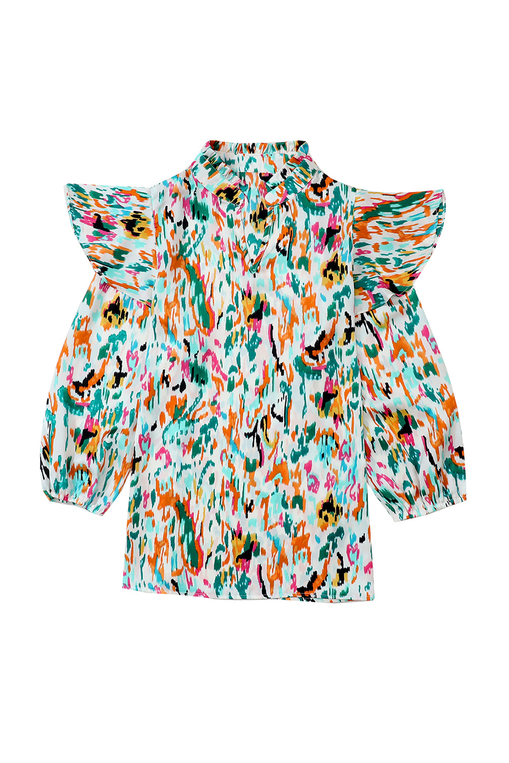 Abstract Ruffle 3/4 Puff Sleeve Blouse