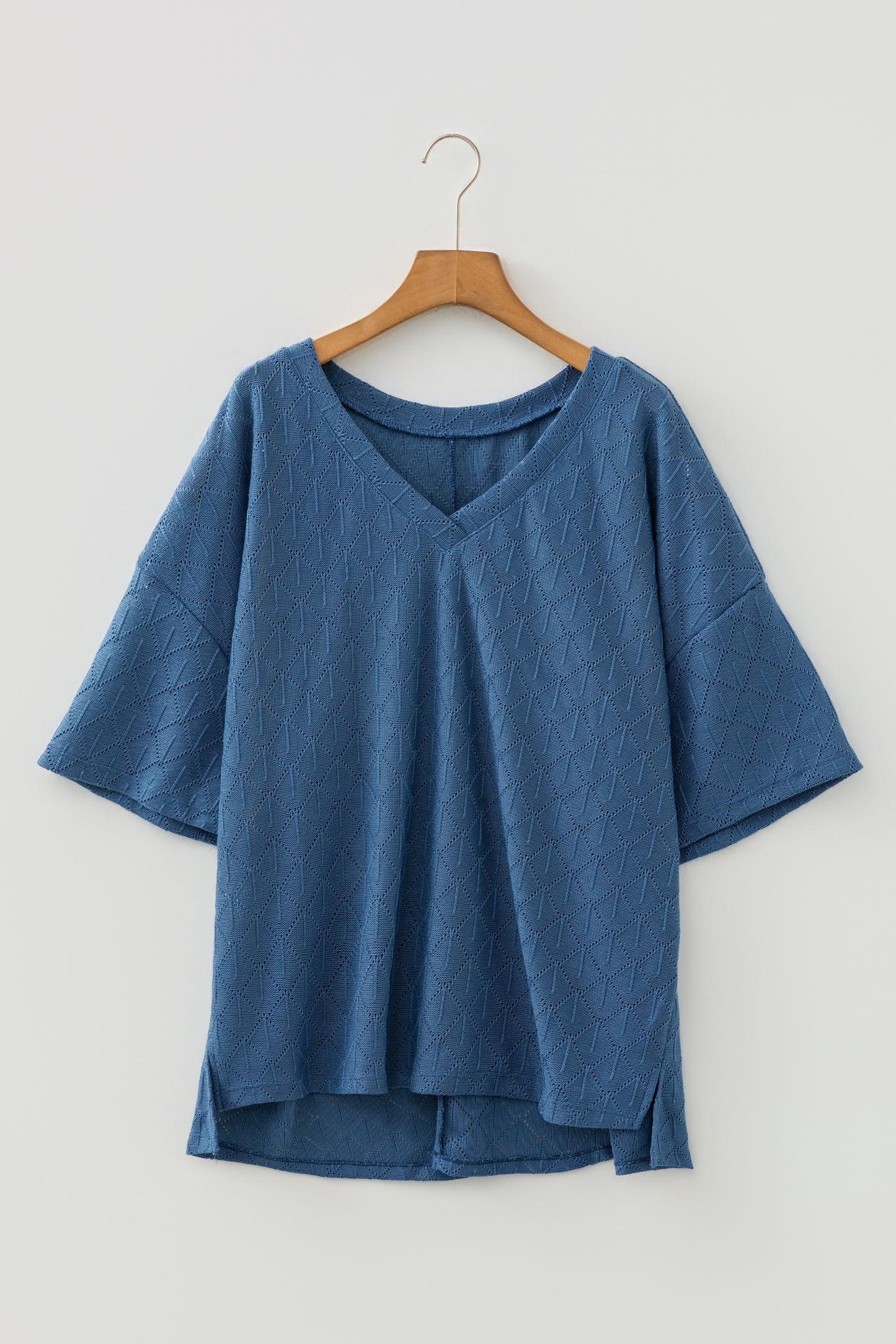 Plus Size Solid Pointelle Knit Rhombus V-Neck Top