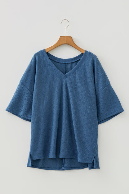 Plus Size Solid Pointelle Knit Rhombus V-Neck Top