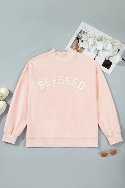Plus Size BLESSED Embroidered Patch Mock Neck Sweatshirt