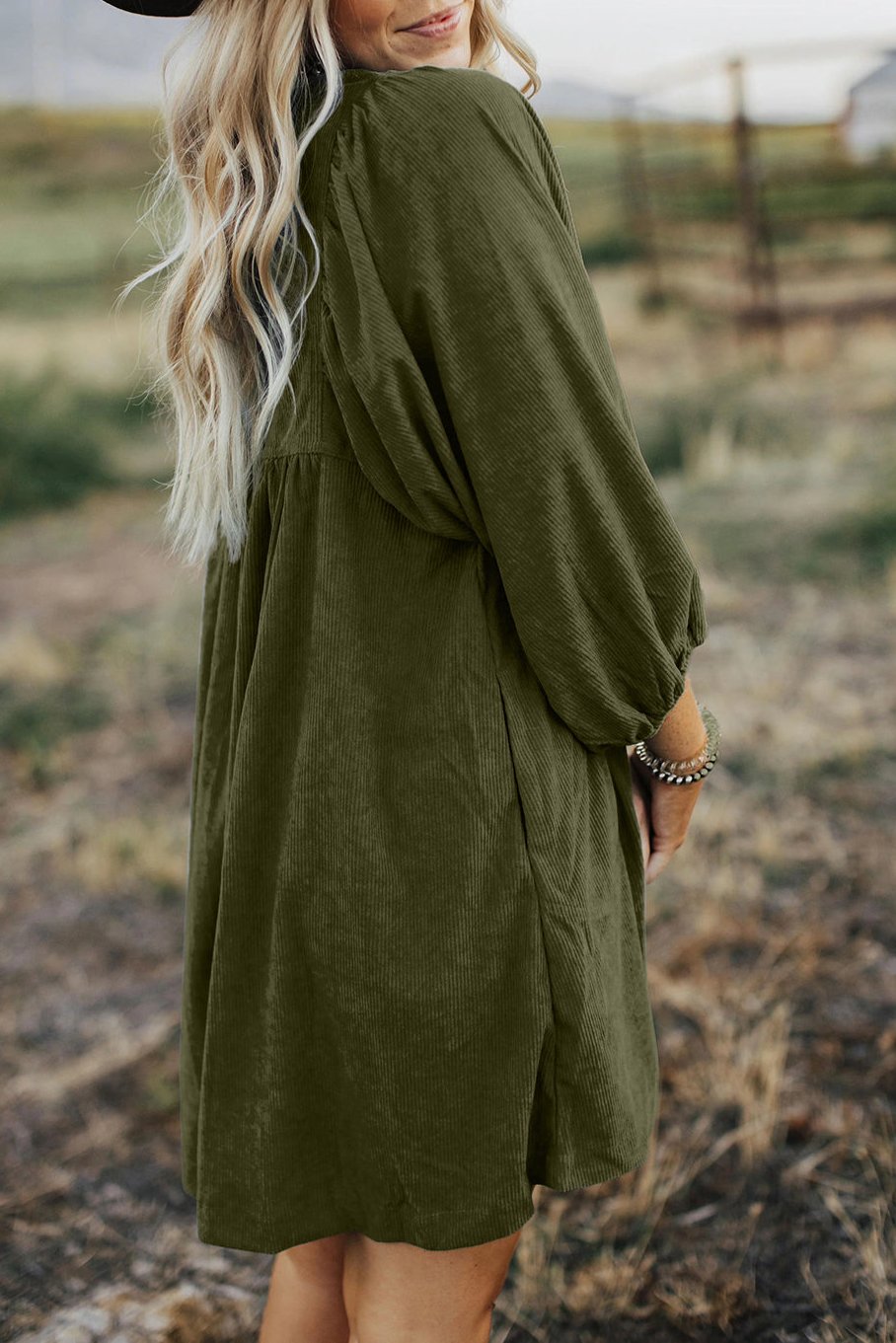 Corduroy Buttoned 3/4 Sleeve Dress