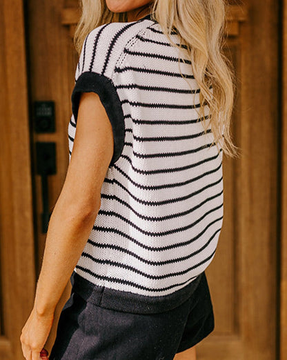 Stripe Knit Short Sleeve Sweater