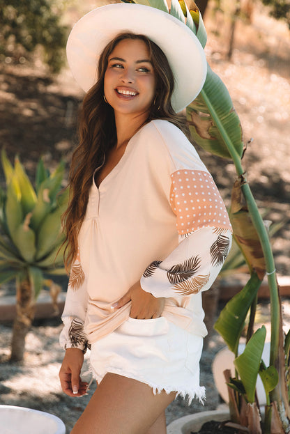 Tropical Polka Dot Patchwork Puff Sleeve V-Neck Blouse