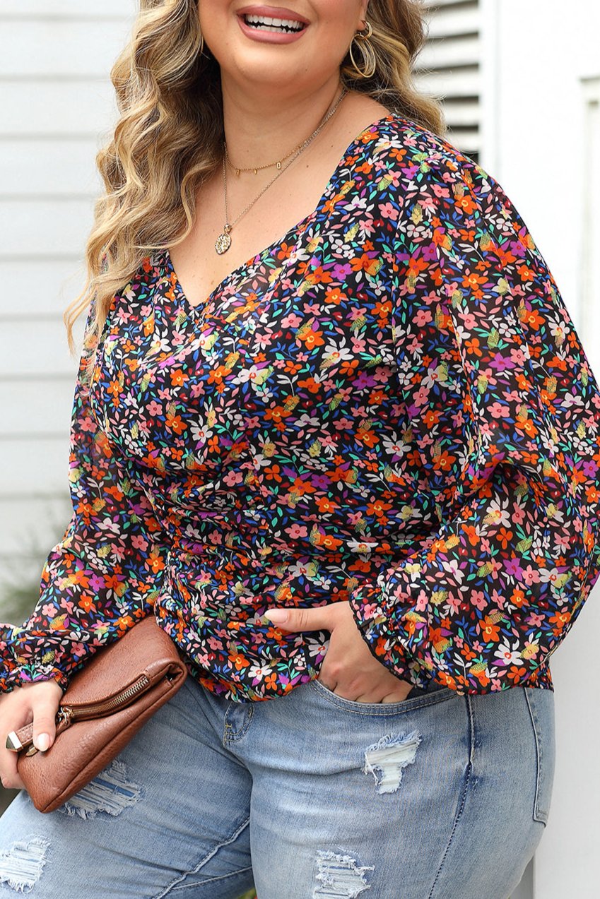 Plus Size Floral Bubble Sleeve Blouse