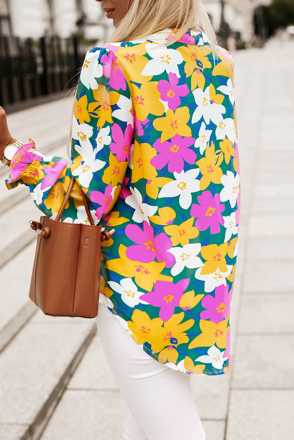 Floral V-Neck Lantern Sleeve Blouse