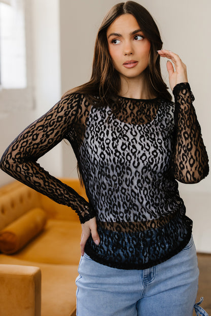 Leopard Sheer Mesh Long Sleeve Top