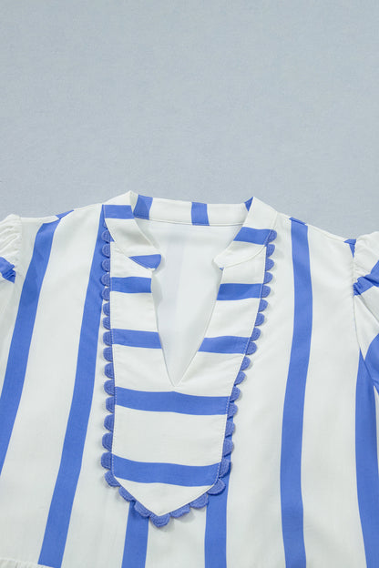 Stripe Split V-Neck Puff Sleeve Blouse