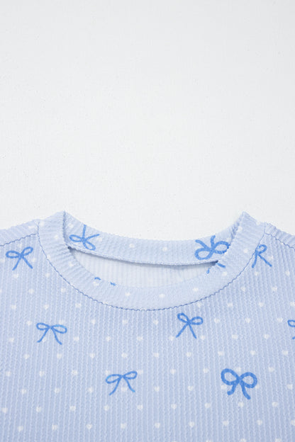 Polka Dot Bow Corded Knit Top and Shorts Set