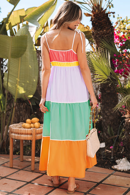 Colorblock Self-Tie Straps Pocketed Flowy Maxi Dress